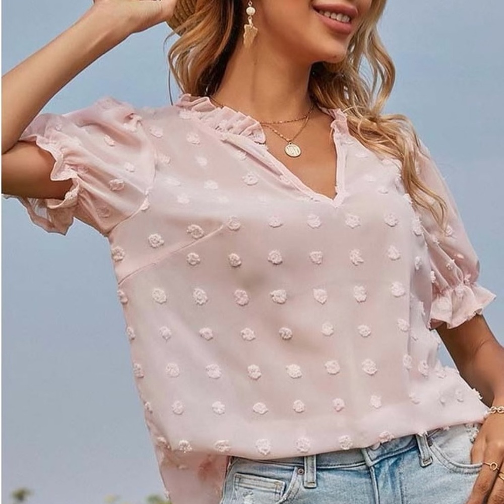 NWT C+D+M Pink Polka Dot Ruffle Top